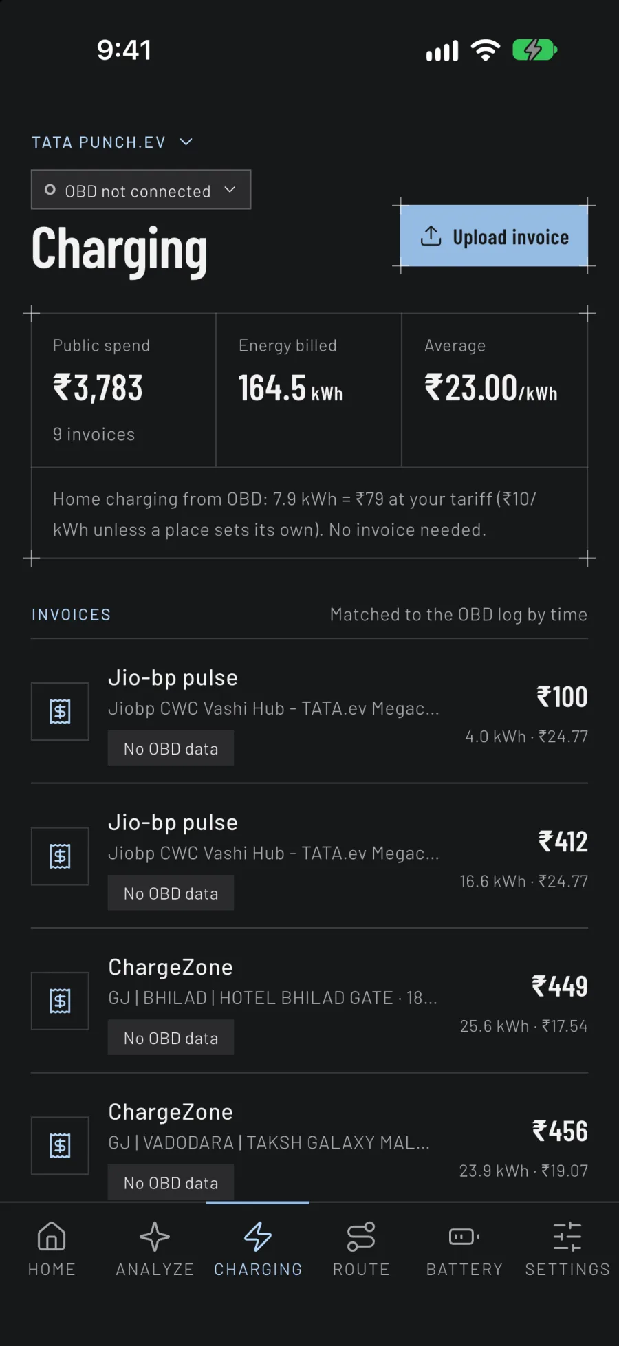 The Charging tab: ₹3,783 of public charging over 9 invoices, at an average of ₹23 per kWh
